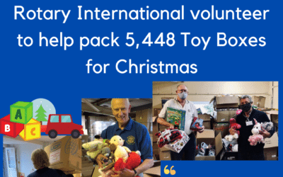 Rotary International volunteer to help pack 5,448 Toy Boxes for Christmas.